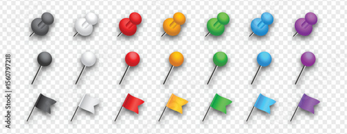 Realistic paper pins set isolated on transparent background, perfect for office supplies, presentations, stationery mockups, or digital design projects