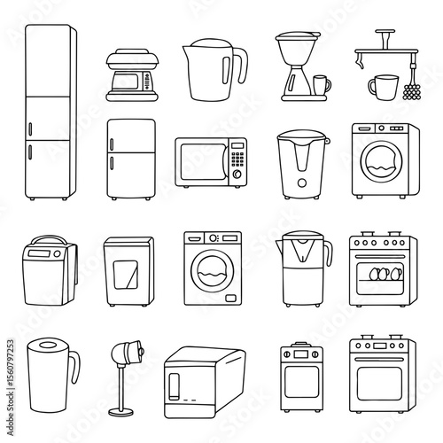 Doodle drawing of various household appliances arranged in an organized layout 