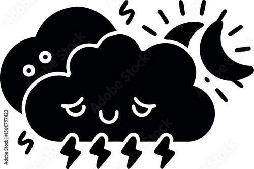 Cute Weather Silhouette – Cloud, Sun, Moon, and Thunderstorm Icon Illustration
