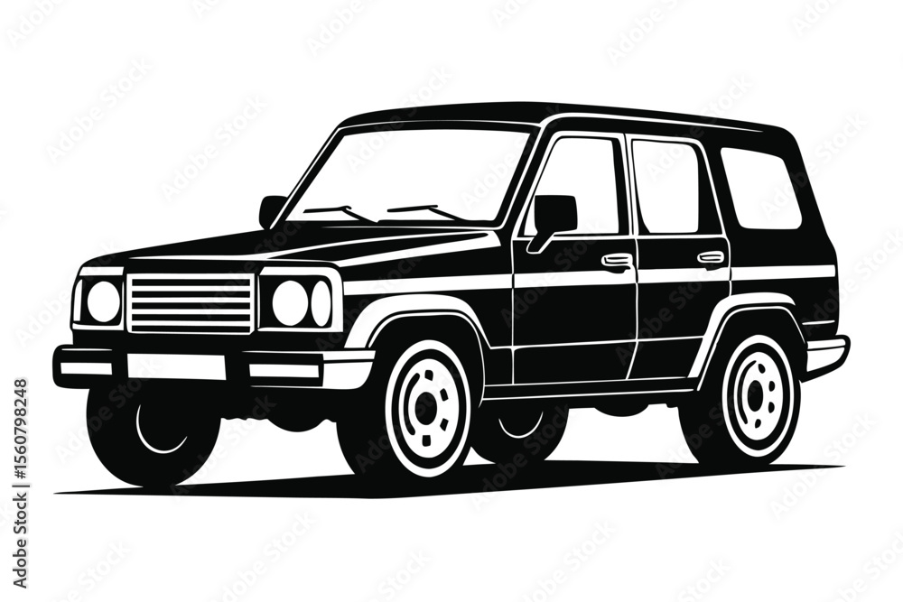 Black and White Illustration of a FourDoor Classic SUV, Side View Graphic Image