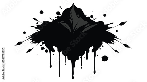 Abstract ink blot splatter with drips in monochrome offering creative graphic element
