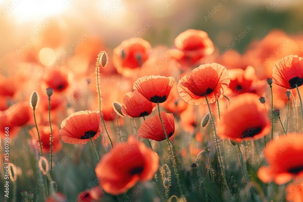 Obraz premium A field of vibrant red poppies at sunset. Golden light bathes the flowers