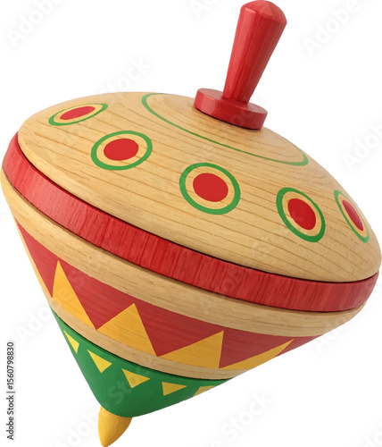 Image is a digital illustration of a colorful spinning top. The top is depicted in a three-dimensional style, showcasing a wooden texture with a smooth, rounded body. It features a vibrant design with