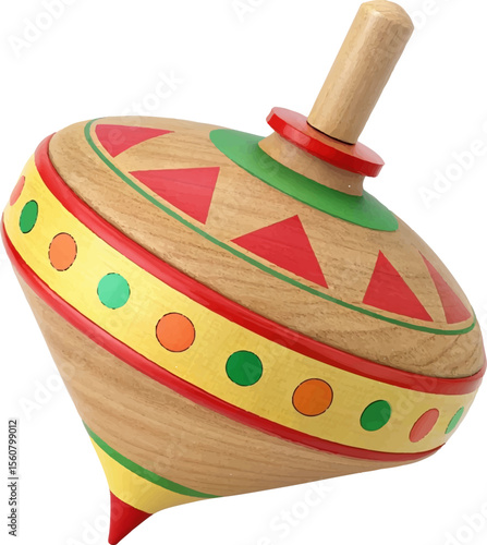 Image is a digital illustration of a colorful spinning top. The top is depicted in a three-dimensional style, showcasing a wooden texture with a smooth, rounded body. It features a vibrant design with