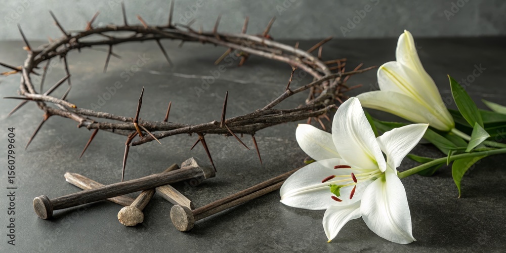 Crown of Thorns, Lilies and Nails Easter Still Life Photography, Christian Symbolism Easter, Crucifixion Crown of Thorns, Lilies and Nails Easter Still Life Photography, Christian Symbolism Easter, Crucifixion