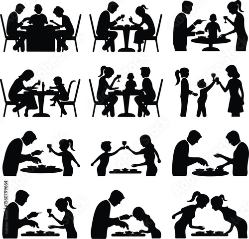 Family Dinner Vector Icons – Togetherness & Dining Silhouettes Family Eating Together Silhouette Set – Warm Meal Time Icons Pack
