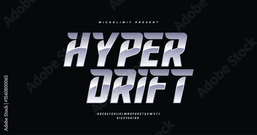 Hyper Drift: A dynamic italic sport font with modern urban flair. Slanted letterforms and platinum style make it perfect for race themes, e-sports branding, and athletic number displays.