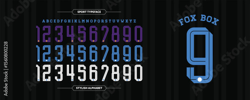 Fox Box 9: A bold, striped jersey font in blue, purple, and white. Featuring inline numbers and a complete alphabet, perfect for sporty branding, team uniforms, and athletic themed visuals.