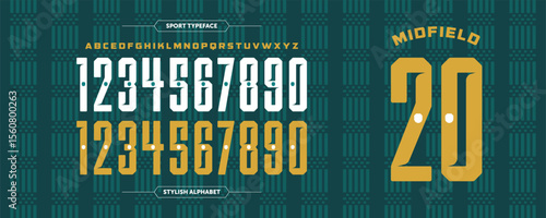 Midfield 20: A retro sports number font with green, white, and gold inline styling. A classic jersey look, ideal for athletic uniforms, sports branding, and vintage style number layouts.