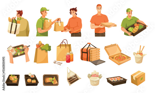 Food Delivery Services Illustrations Featuring Delivery Personnel, Dishes, and More