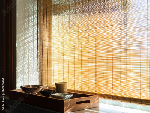 Wallpaper Mural Sunlight Through Bamboo Roller Shade on Wooden Tray Torontodigital.ca