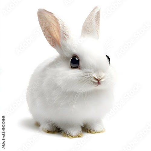 Image of a cute, fluffy white baby rabbit isolated on a white background. Cute, exotic animals. Beautiful, colorful pets on a white background.