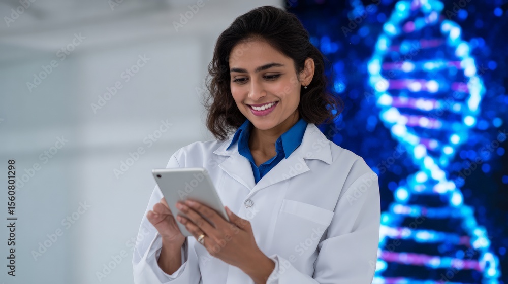 Obraz premium Female scientist with tablet in lab with dna display background