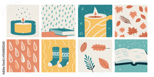 Cozy Autumn Illustrations Candle Book Leaves Socks Cup Rain