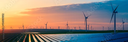 Wind turbines and solar panels at sunset renewable energy