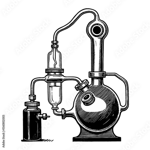 Vintage Distillation Apparatus Black and White Outline Line Art Drawing for Science and Laboratory