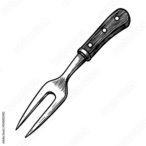 Isolated Carving Fork with Wooden Handle Black and White Outline Line Art Drawing Kitchen Utensil