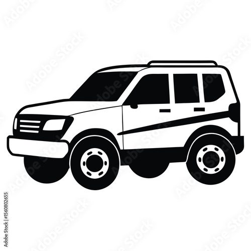Silhouette Illustration of a FourWheel Drive SUV with Roof Rack and Wheels