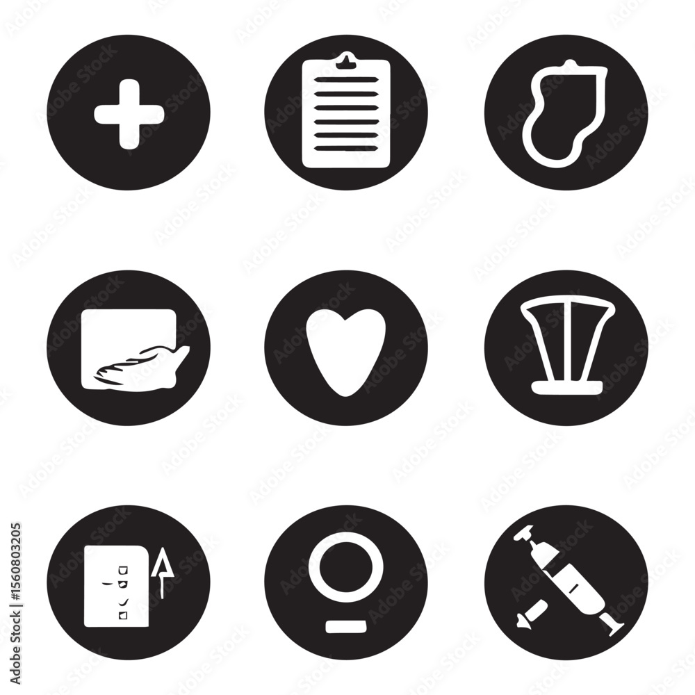 Collection of nine medical and health care related icons on a black circular background Collection of nine medical and health care related icons on a black circular background