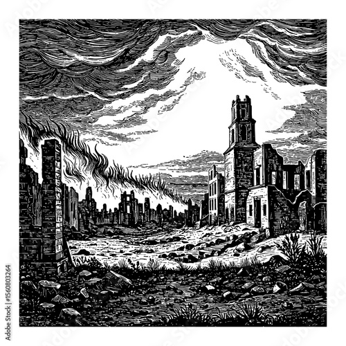 Dramatic Burning Empty City Ruin Landscape Black and White Outline Line Art Drawing with Devastated Buildings
