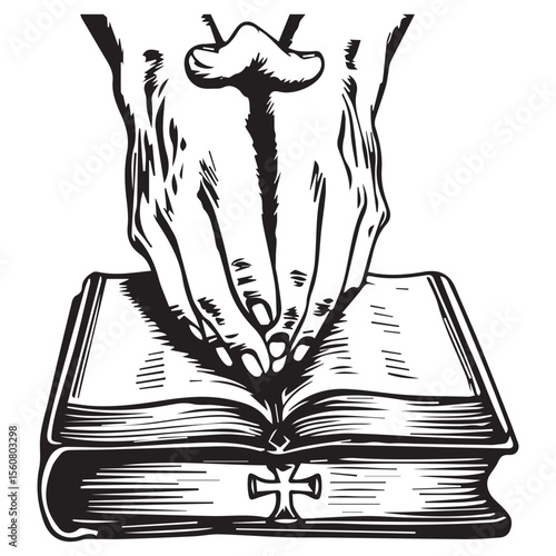 Hands clasped in prayer over an open bible with a cross emblem