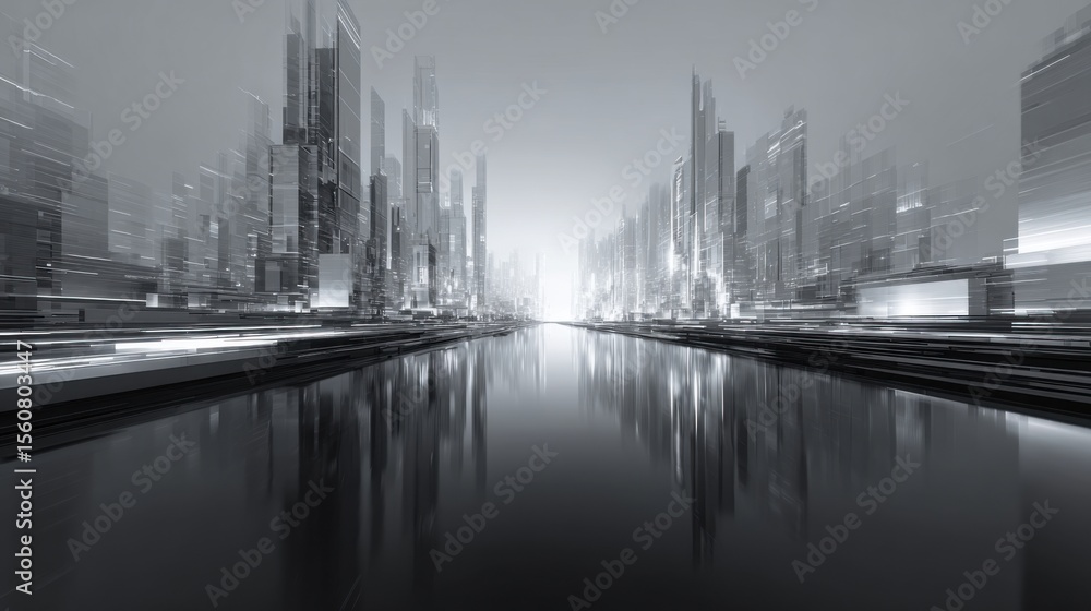 Fototapeta premium A vibrant futuristic city skyline emerges from the water, illuminated by glowing lights. The skyscrapers stretch into the twilight, creating a striking reflection on the surface below.