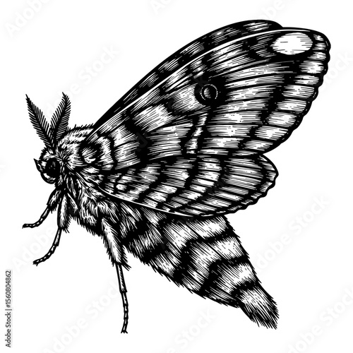 A beautiful detailed moth in side view with wings spread a Black and White Outline Line Art Drawing