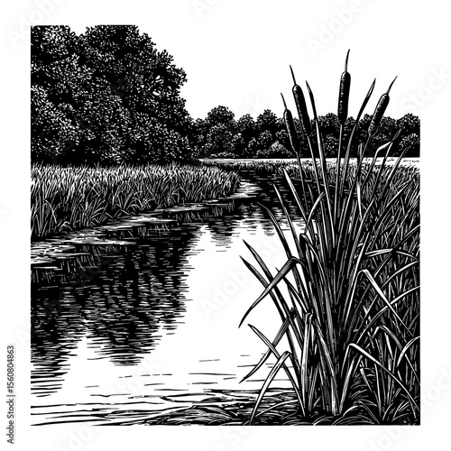 Beautiful River Scenery with Cattails Plants Detailed Black and White Outline Line Art Drawing