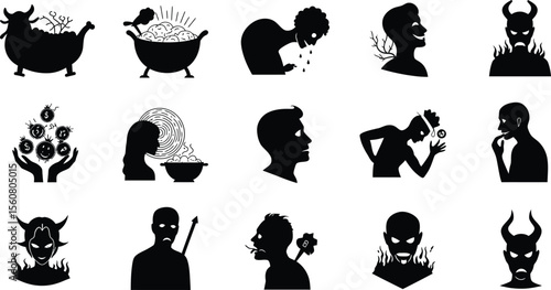 Diverse Human Silhouette Concepts: Exploring Abstract Emotions, Supernatural Themes, Behavioral Traits, and Symbolic Narratives.