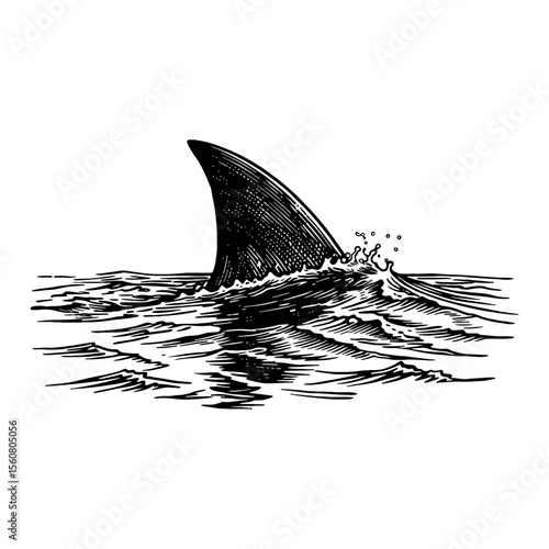 Dramatic Shark Fin Breaking Water Surface with Splashing Waves Black and White Outline Line Art Drawing