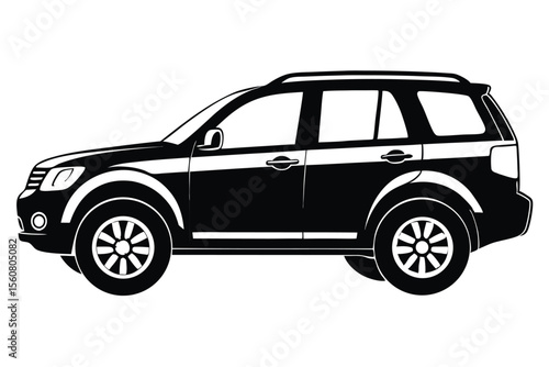 Silhouette Illustration of a Black SUV with Detailed Tires and Roof Rack Design