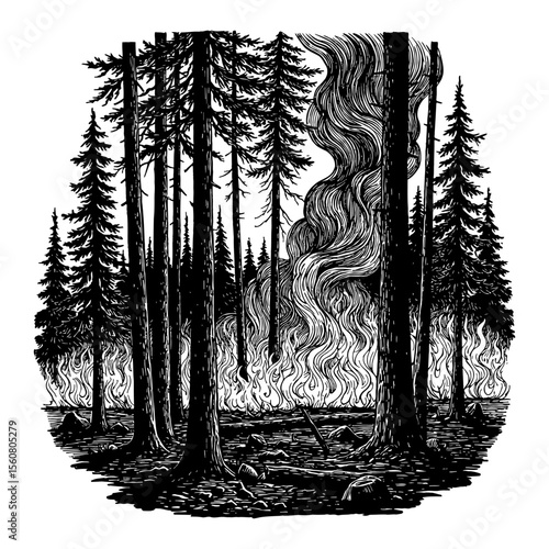 Burning Forest Landscape with Intense Wildfire and Smoke Black and White Outline Line Art Drawing Engraving