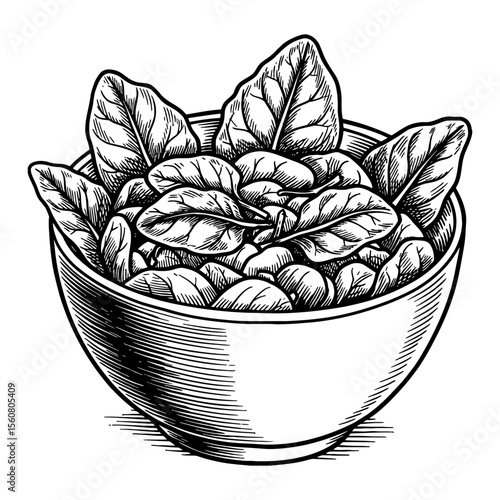 Fresh Spinach Leaves Full in a Bowl Vintage Engraved Black and White Outline Line Art Drawing