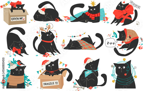 Black mischievous cat in different life issues. Cute fat kitty knocked down a Yule-tree or tangled in Christmas lights. Illustration or sticker set isolated on transparent background.