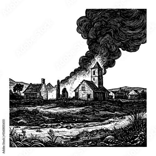 Burning Empty Village Ruin and Dramatic Landscape with Church and Smoke Black and White Outline Line Art Drawing
