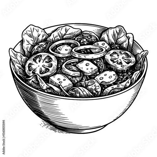 Healthy Delicious Spinach Salad with Fresh Vegetables and Cheese in a Bowl Black and White Outline Line Art Drawing