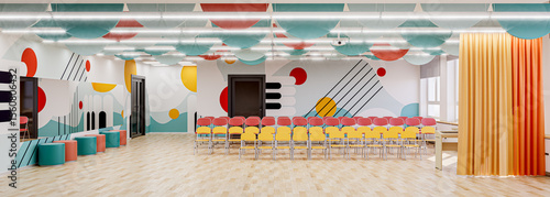 Modern school assembly hall interior. The auditorium room in the school or kindergarten. 3d render