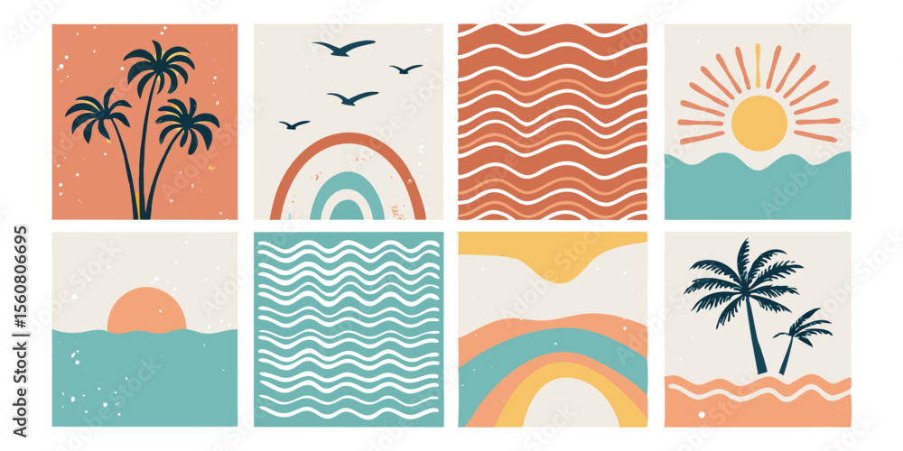 Obraz premium Tropical Vector Illustrations Set: Palm Trees, Sun, Waves, Rainbows, Birds