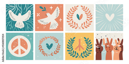 Dove Peace Sign Heart and Hand Gestures Vector Illustrations