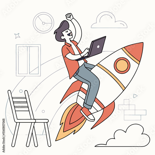 Startup Success Concept – Vector Illustration of Remote Work and Business Growth on Rocket