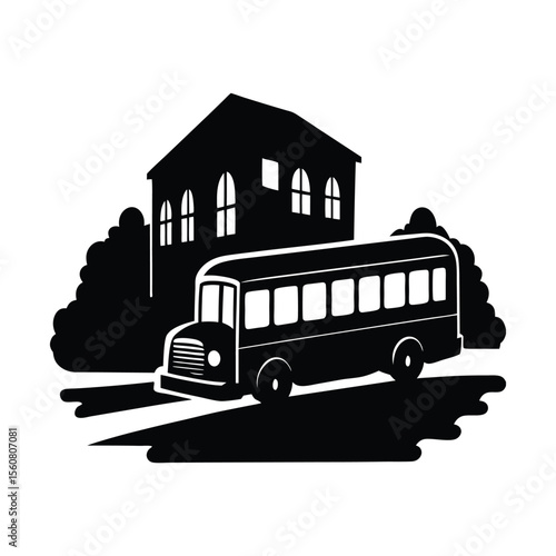 Bus arriving at school silhouette vector illustration