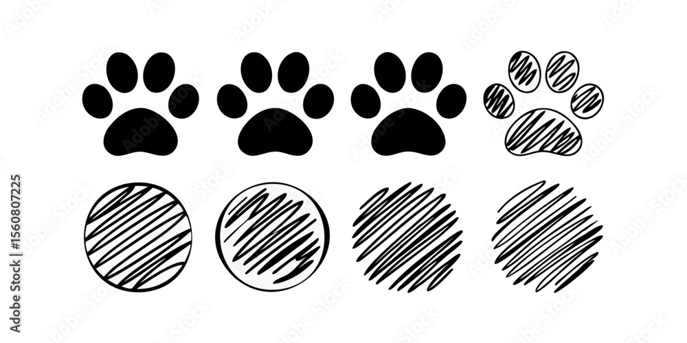 Fototapeta premium Paw prints scribbled circles on Handdrawn animal footprints abstract shapes vector