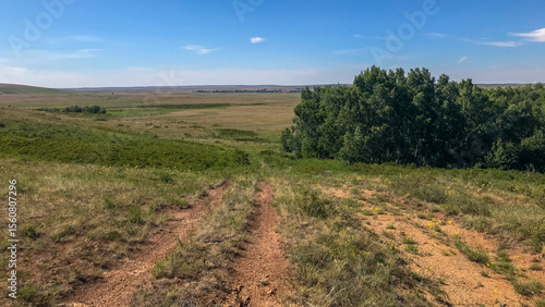 Expansive open prairie, with sparse trees and greenery scattered across it under a blue sky. In front is an off-road trail leading to distant hills. The landscape exudes a sense of tranquility.