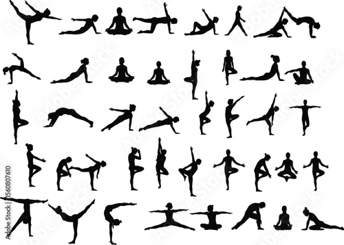 Yoga Poses Silhouette Vector Icon Set for Fitness and Meditation