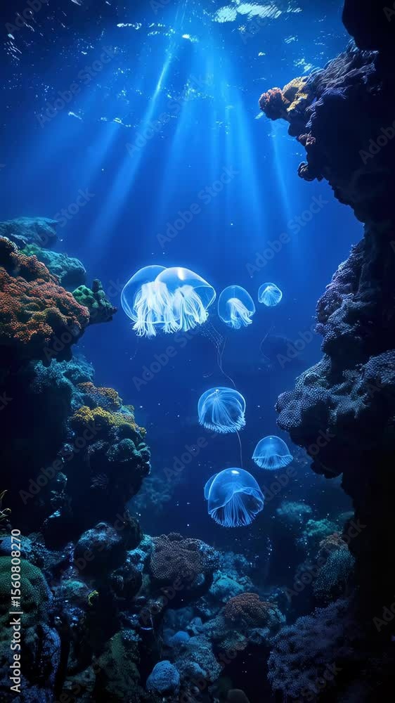 Jellyfish swim in the ocean near coral reefs. Concept of nature and ...
