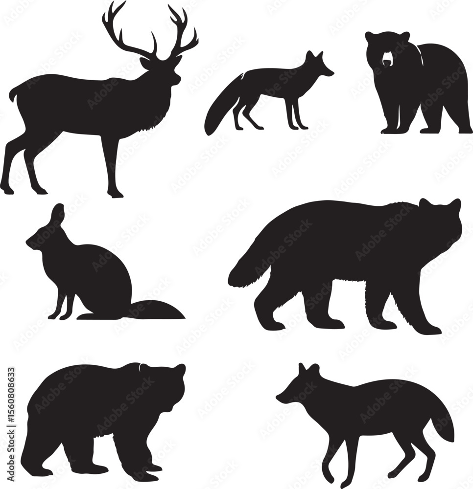 Fototapeta premium Collection of Wildlife Silhouettes Deer, Fox, Bear, and More