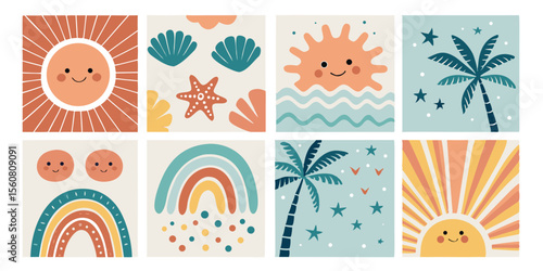 Kawaii Tropical Icons Set Sunshine Rainbow Palm Tree Seashells