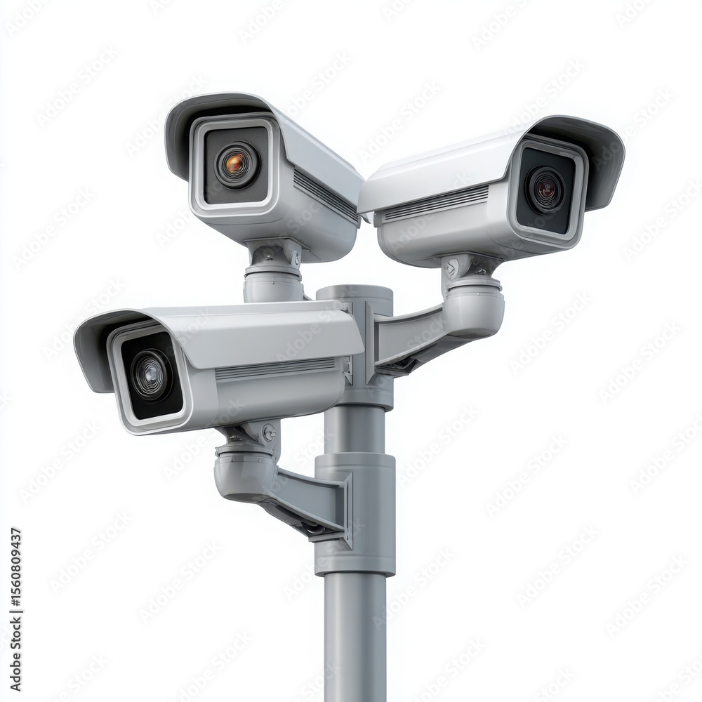 Three White Security Cameras on Grey Pole Outdoor Surveillance System Three White Security Cameras on Grey Pole Outdoor Surveillance System