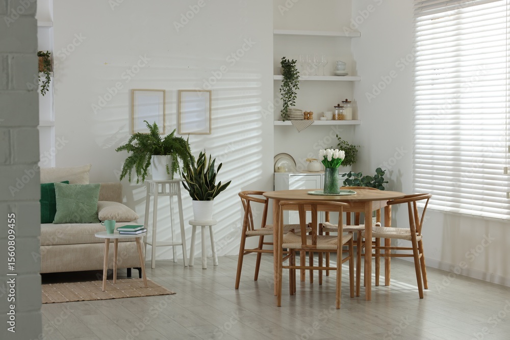 Fototapeta premium Comfortable sofa, table, chairs and green houseplants indoors. Interior design