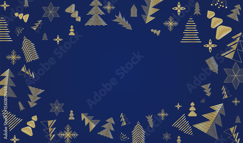 December happy holiday template for advertising, web, social media, web. Blue banner, background, poster, card, layout with golden  Christmas Tree,  New Year snowflake, holy stars  typography design.